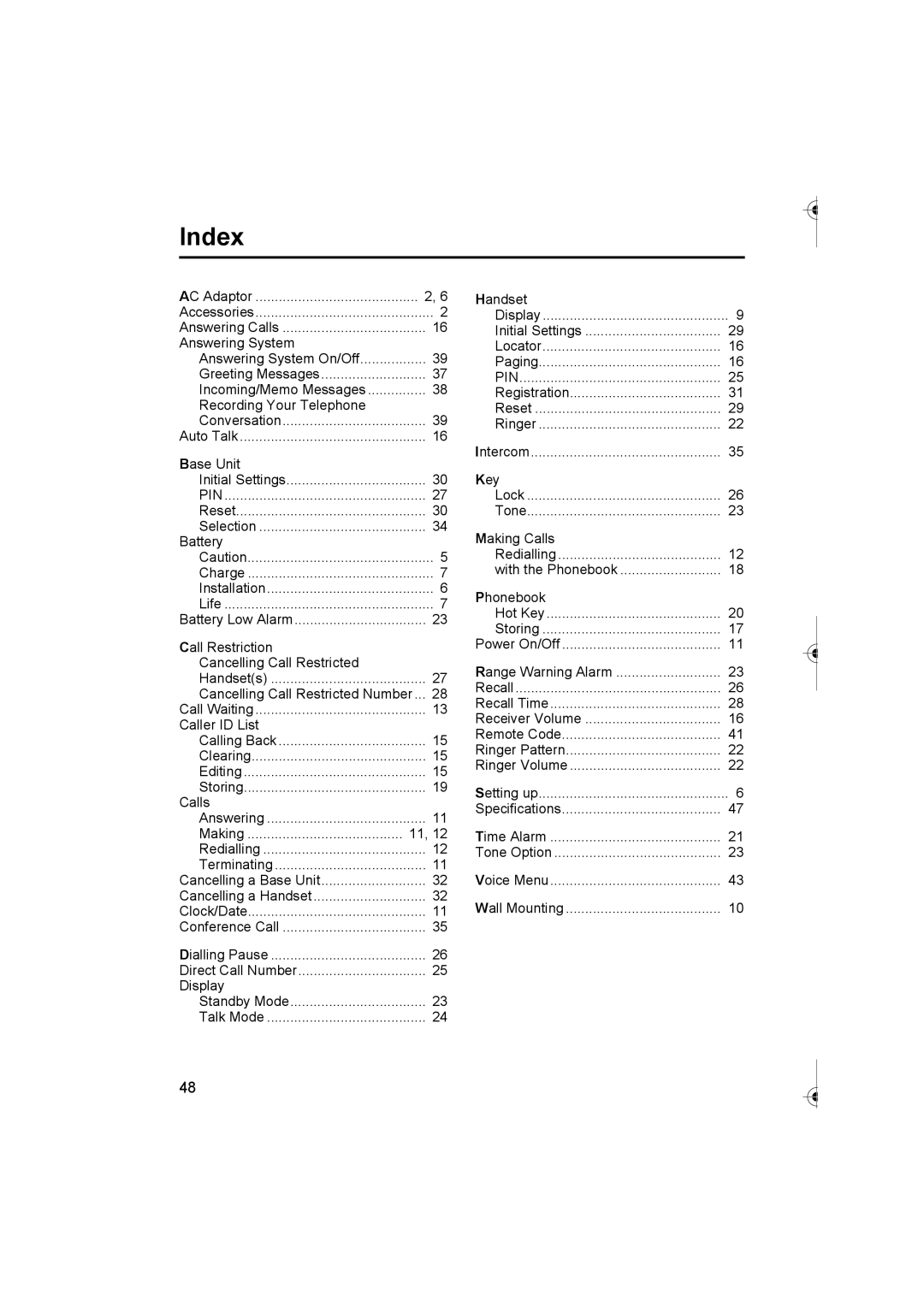 Panasonic KX-TCD420AL operating instructions Index, Pin 