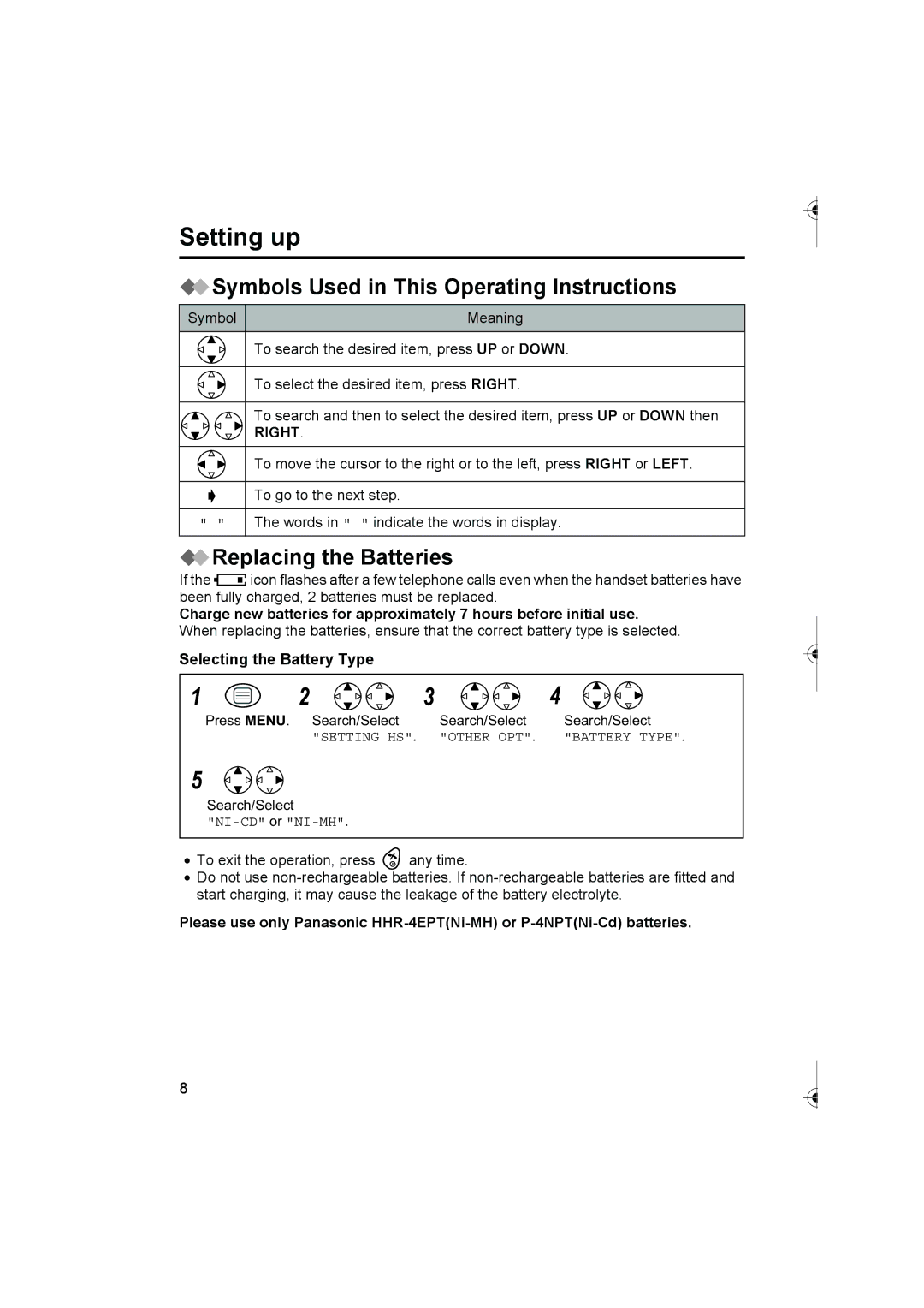 Panasonic KX-TCD420AL Symbols Used in This Operating Instructions, Replacing the Batteries, Selecting the Battery Type 