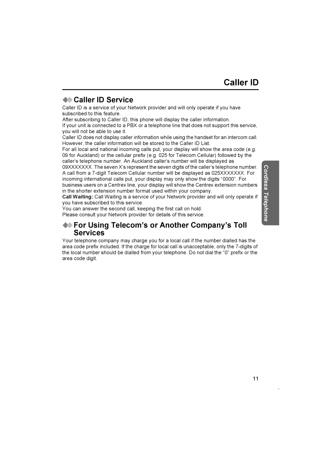 Panasonic KX-TCD420NZ operating instructions Caller ID Service, For Using Telecom’s or Another Company’s Toll Services 