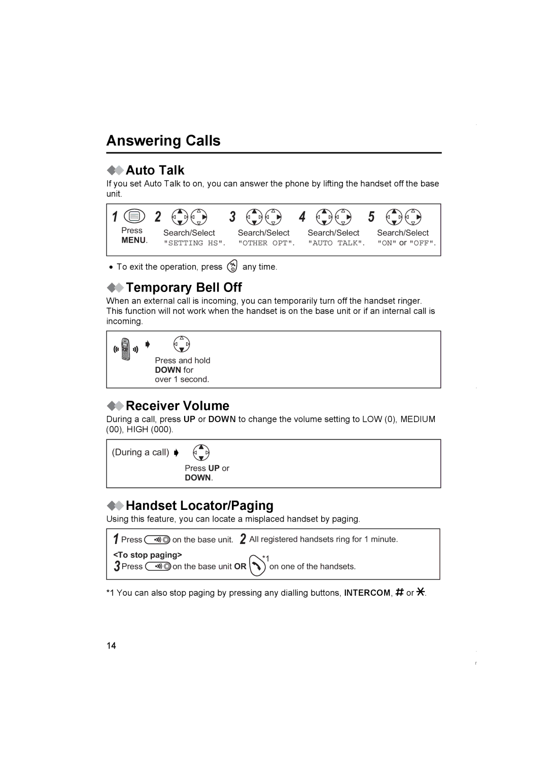 Panasonic KX-TCD420NZ Answering Calls, Auto Talk, Temporary Bell Off, Receiver Volume, Handset Locator/Paging 