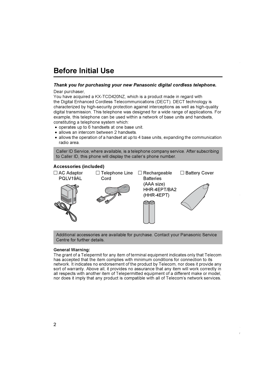 Panasonic KX-TCD420NZ operating instructions Before Initial Use, Accessories included, General Warning 