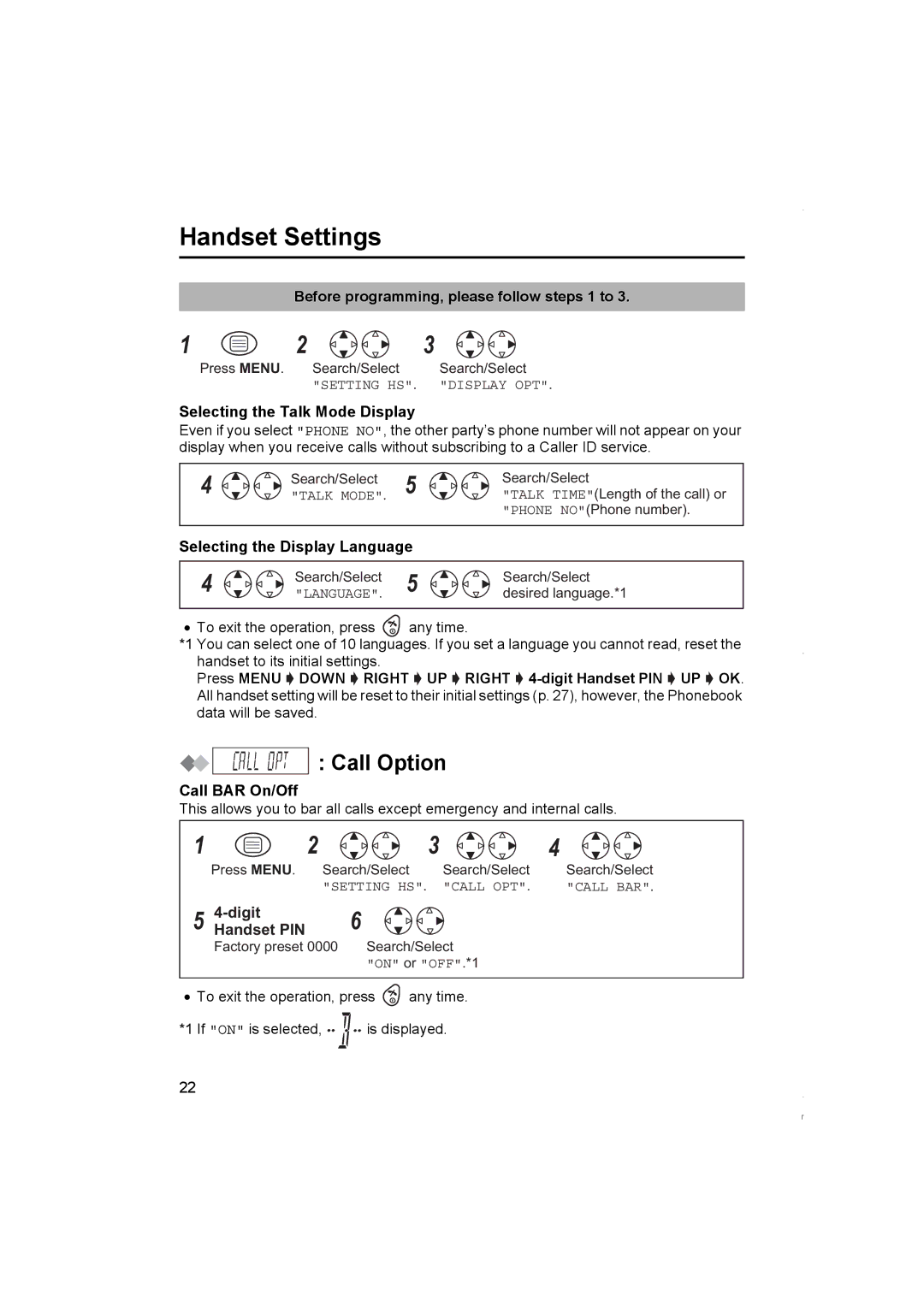 Panasonic KX-TCD420NZ Call Option, Selecting the Talk Mode Display, Call BAR On/Off, Digit Handset PIN 