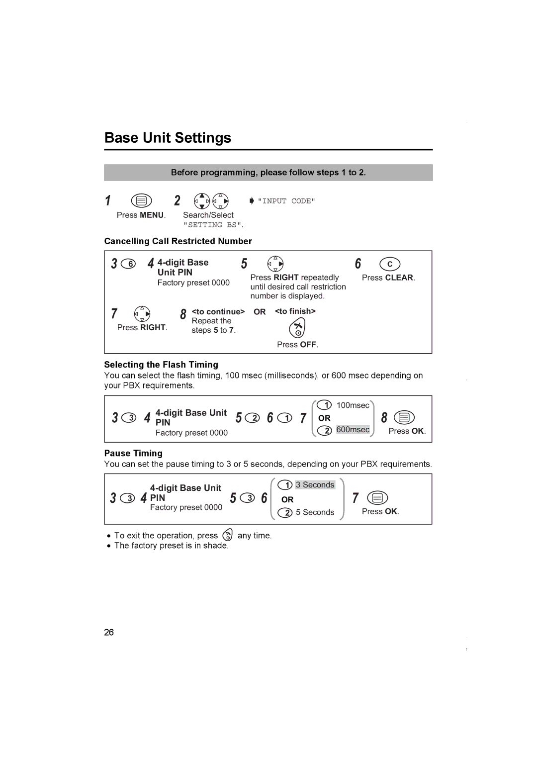 Panasonic KX-TCD420NZ Cancelling Call Restricted Number, Selecting the Flash Timing, 4 PIN4-digit Base Unit 5 2 6 1 