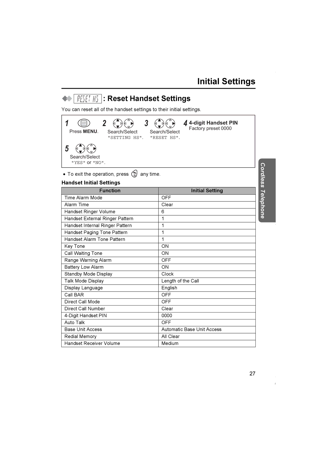 Panasonic KX-TCD420NZ operating instructions Reset Handset Settings, Handset Initial Settings Function 