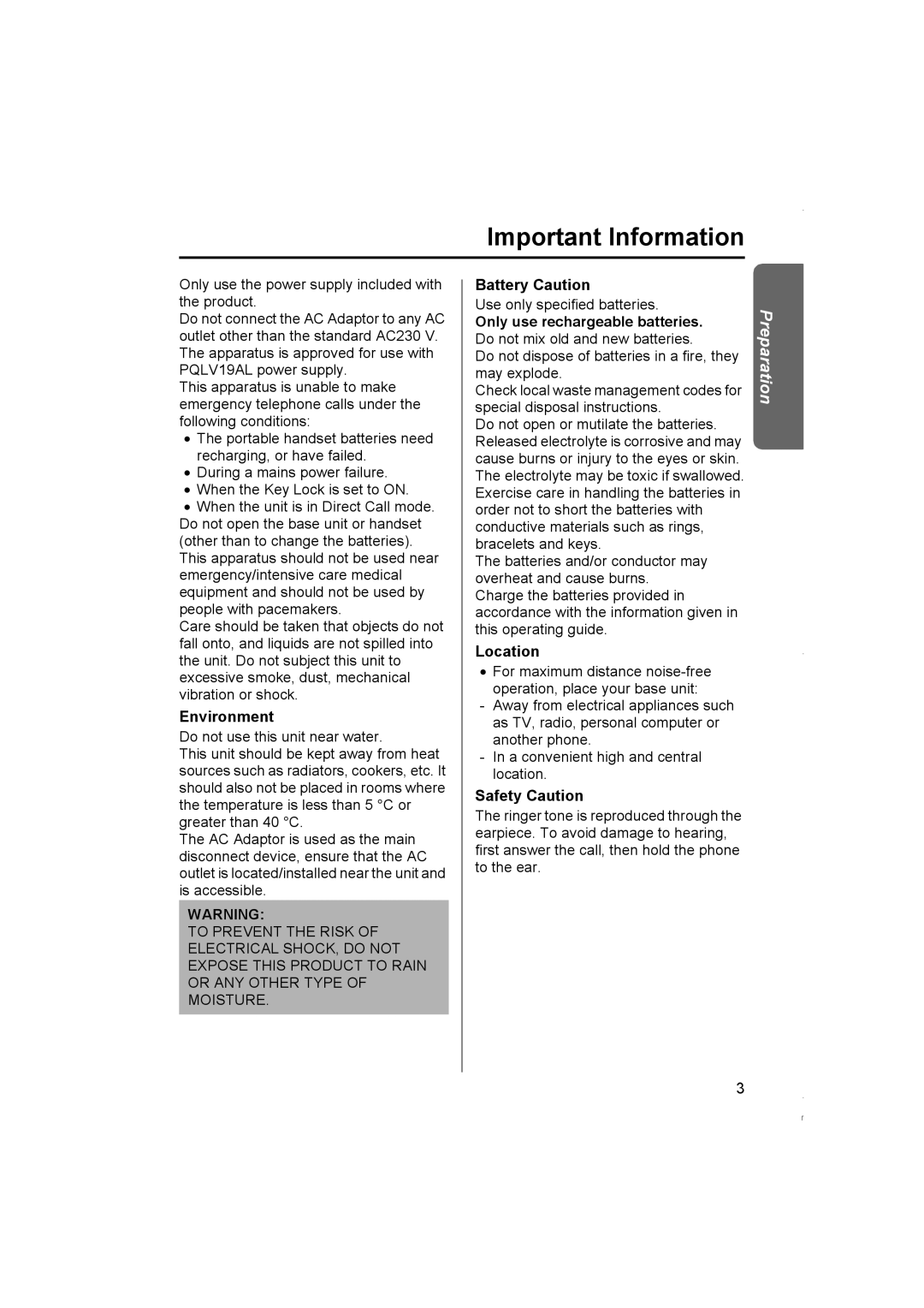 Panasonic KX-TCD420NZ operating instructions Important Information, Environment, Battery Caution, Location, Safety Caution 