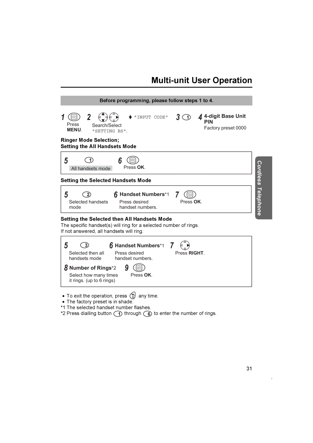 Panasonic KX-TCD420NZ Ringer Mode Selection Setting the All Handsets Mode, Setting the Selected then All Handsets Mode 