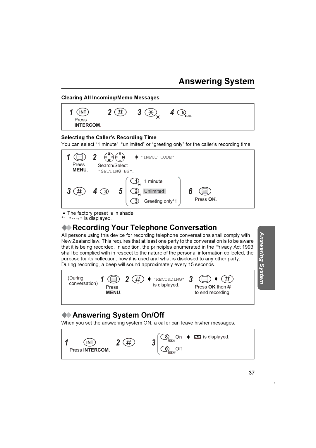 Panasonic KX-TCD420NZ Recording Your Telephone Conversation, Answering System On/Off, Clearing All Incoming/Memo Messages 