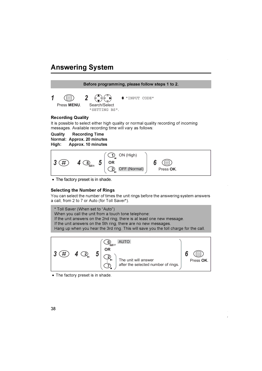 Panasonic KX-TCD420NZ operating instructions Recording Quality, Selecting the Number of Rings 