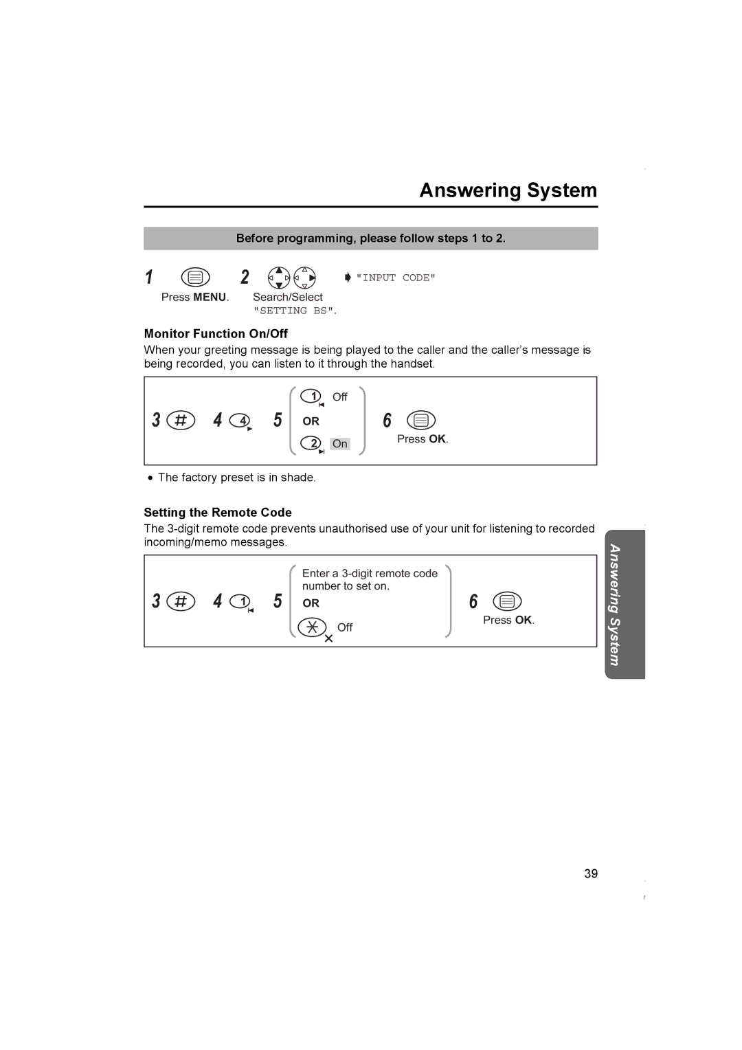 Panasonic KX-TCD420NZ operating instructions Monitor Function On/Off, Setting the Remote Code 