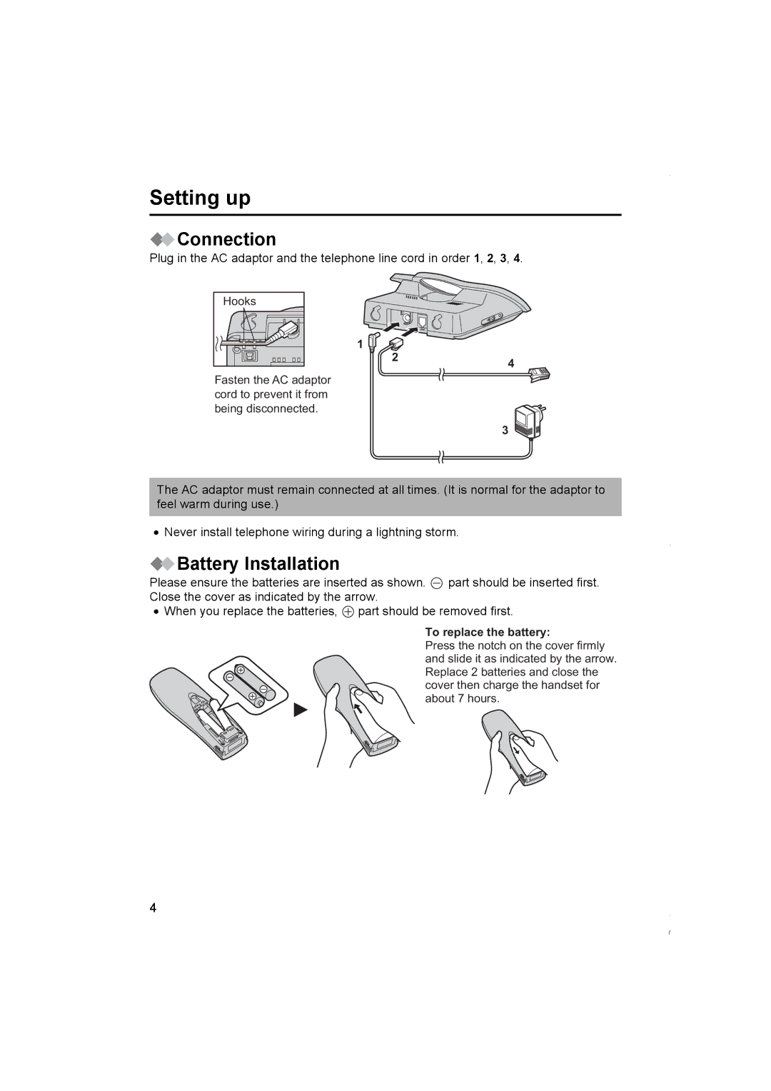 Panasonic KX-TCD420NZ operating instructions Setting up, Connection, Battery Installation 