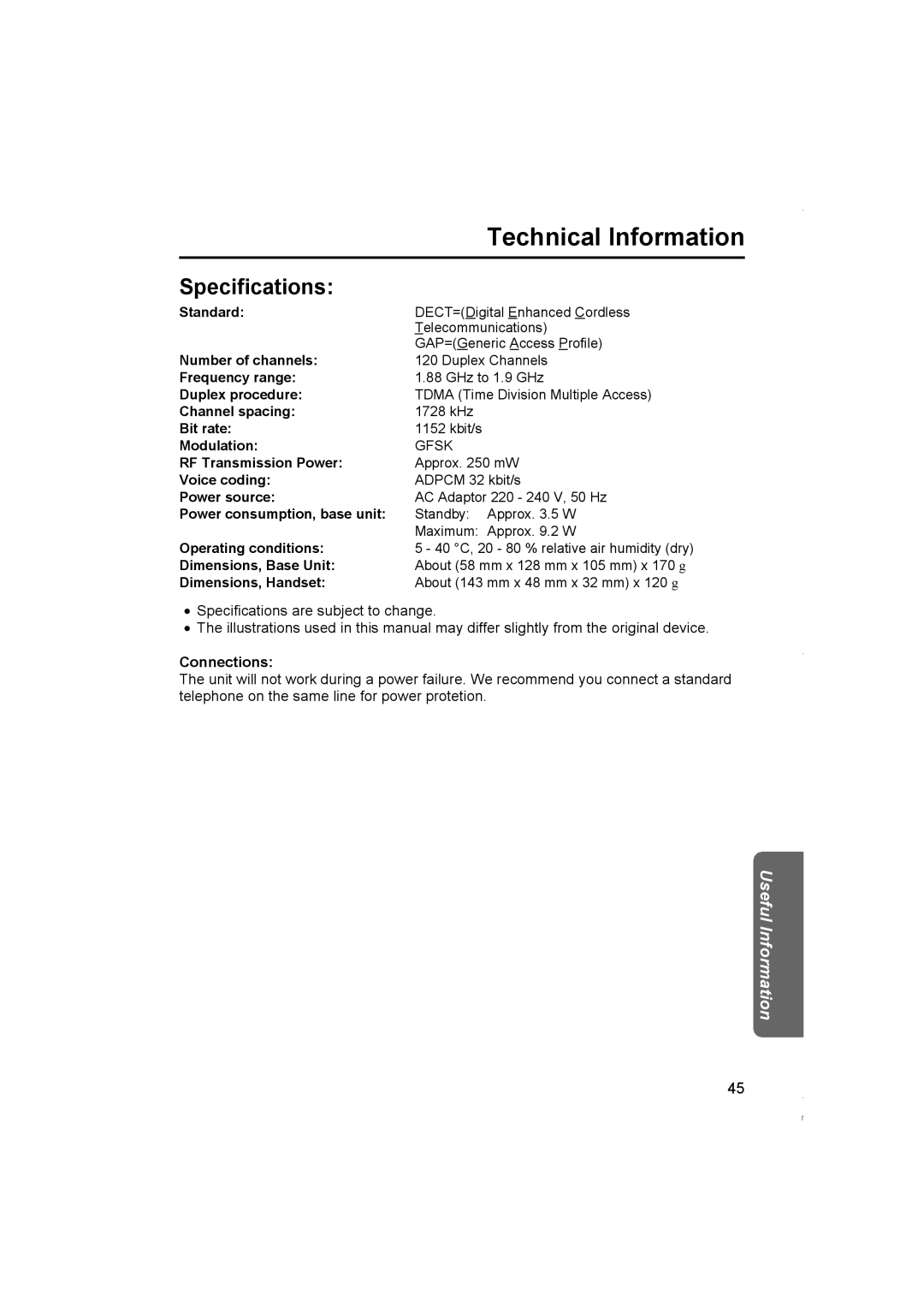 Panasonic KX-TCD420NZ operating instructions Technical Information, Specifications, Connections 