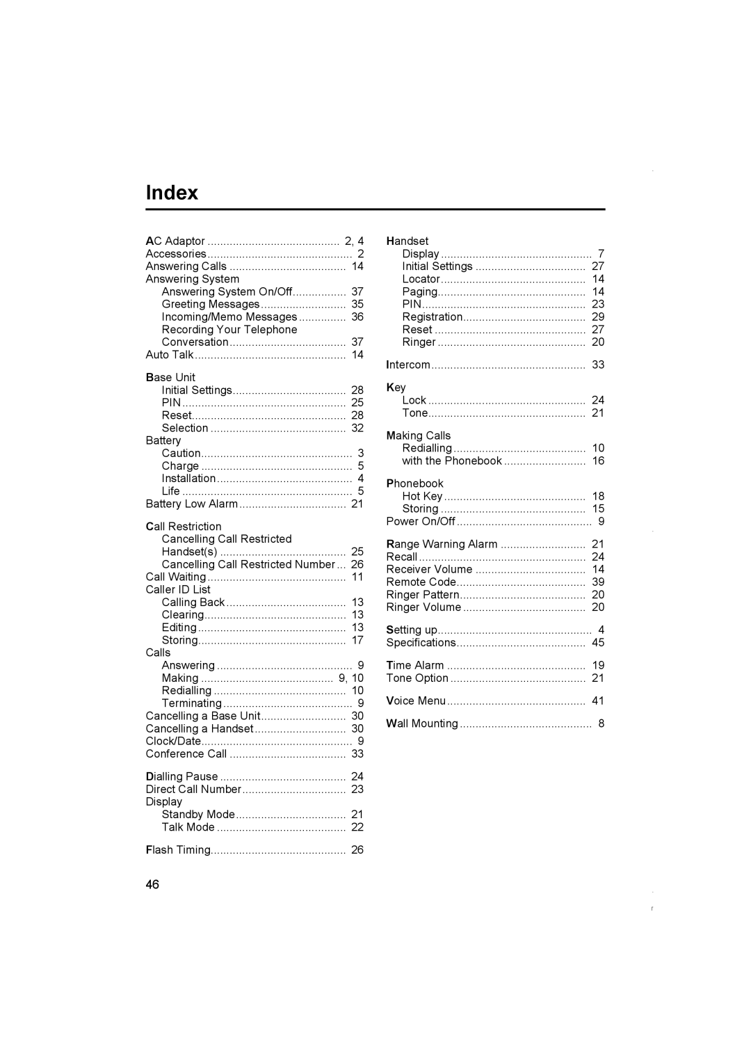 Panasonic KX-TCD420NZ operating instructions Index, Pin 