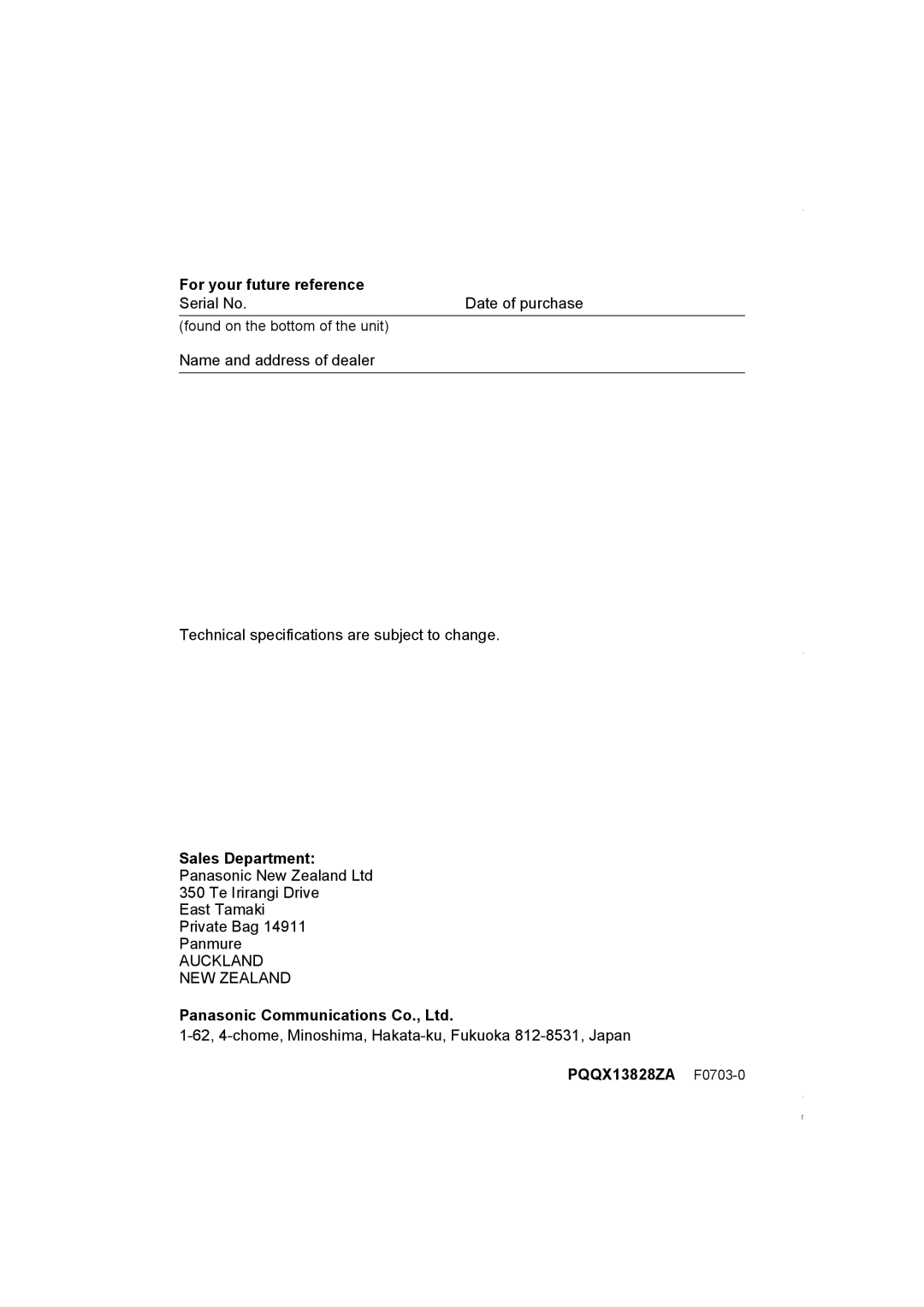 Panasonic KX-TCD420NZ operating instructions For your future reference, Sales Department, PQQX13828ZA F0703-0 