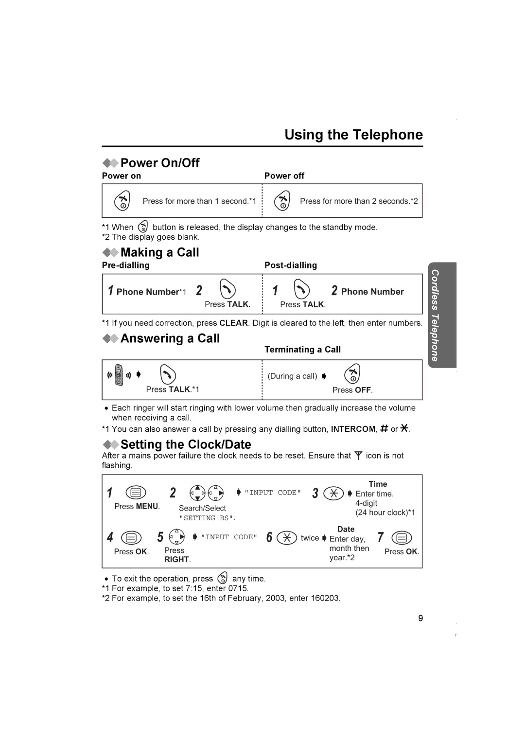 Panasonic KX-TCD420NZ Using the Telephone, Power On/Off, Making a Call, Answering a Call, Setting the Clock/Date 