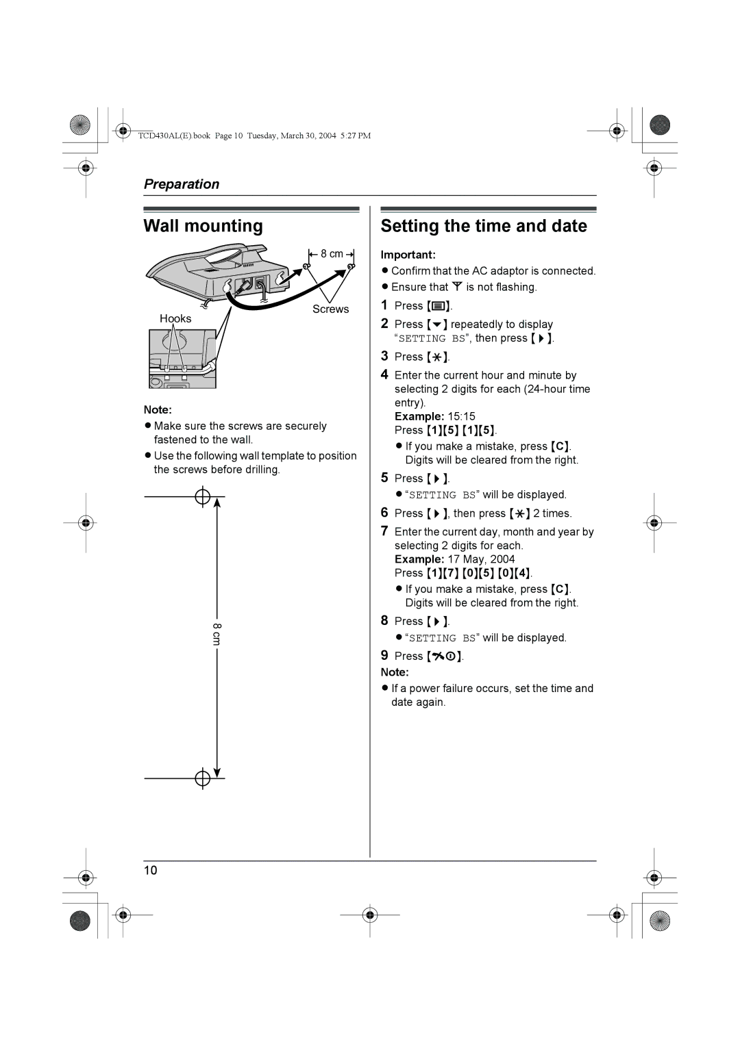 Panasonic KX-TCD430AL operating instructions Wall mounting 