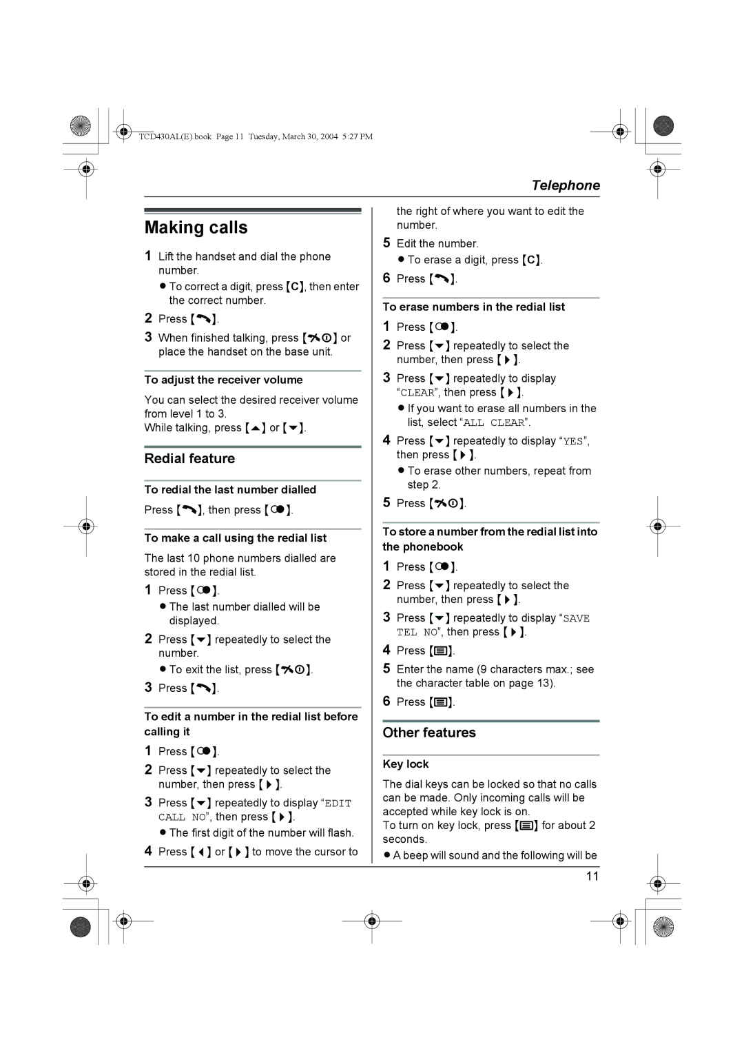 Panasonic KX-TCD430AL operating instructions Making calls, Redial feature, Other features 