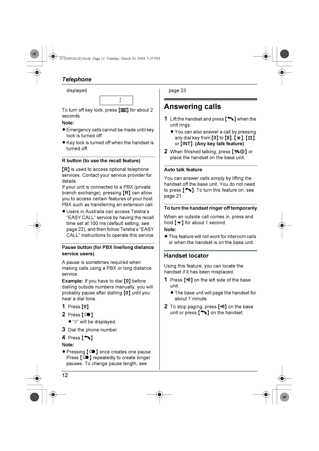 Panasonic KX-TCD430AL operating instructions Answering calls, Handset locator 