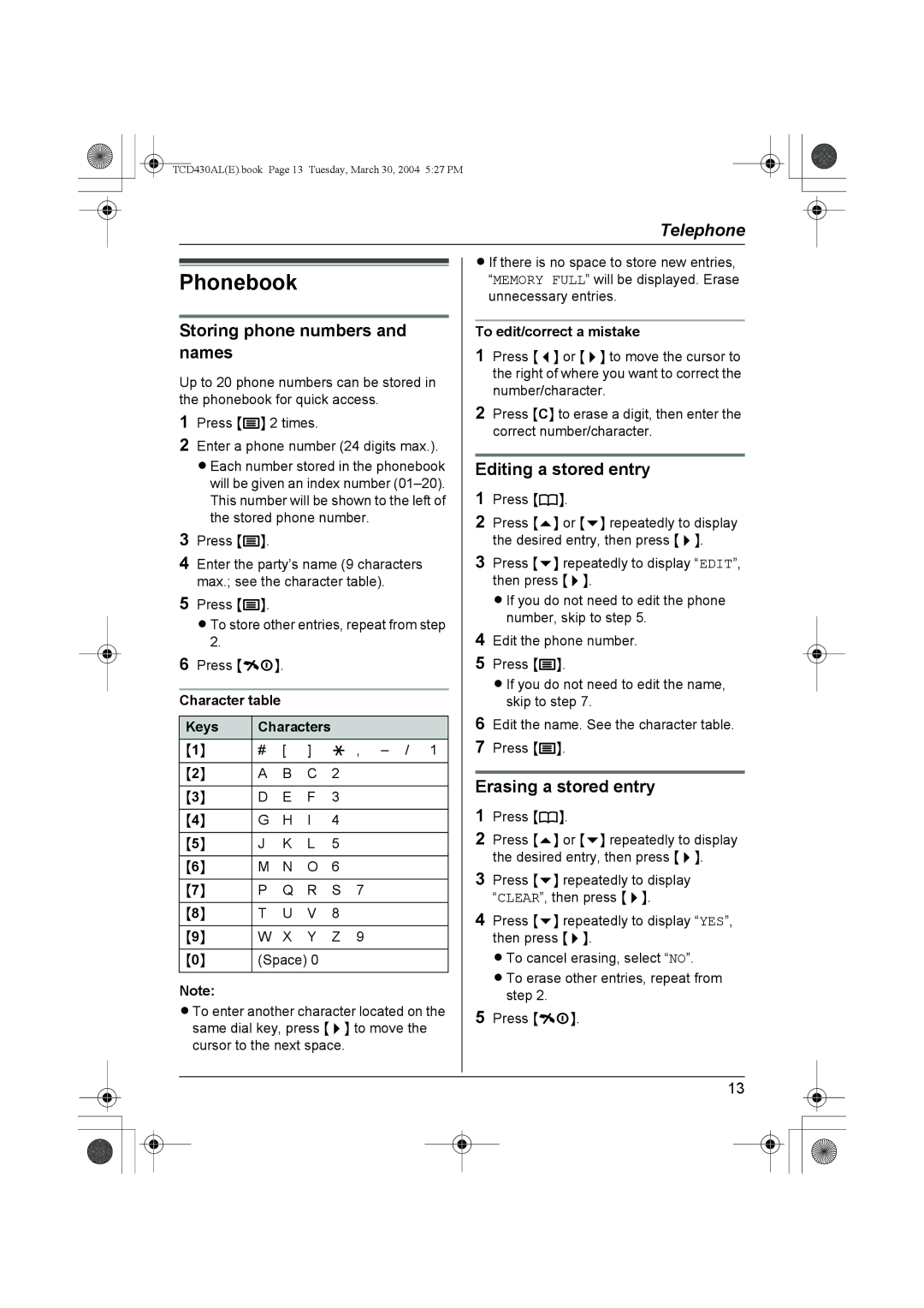 Panasonic KX-TCD430AL Editing a stored entry, Erasing a stored entry, Keys, To edit/correct a mistake 