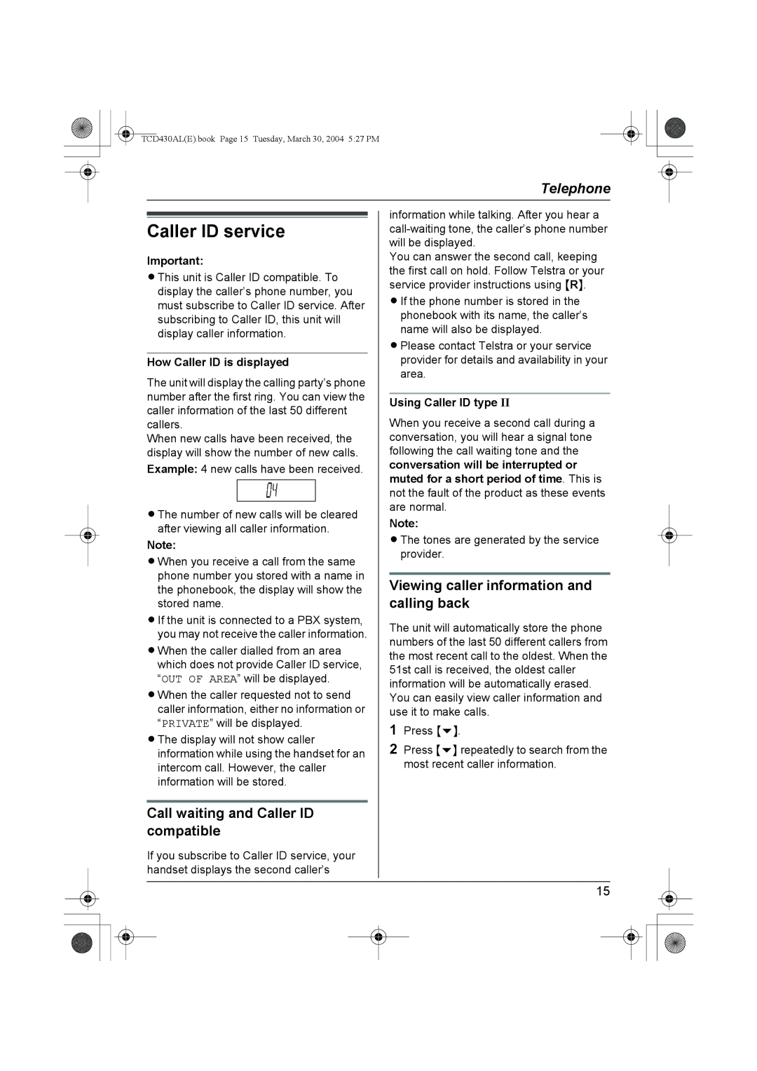 Panasonic KX-TCD430AL Caller ID service, Call waiting and Caller ID compatible, How Caller ID is displayed 