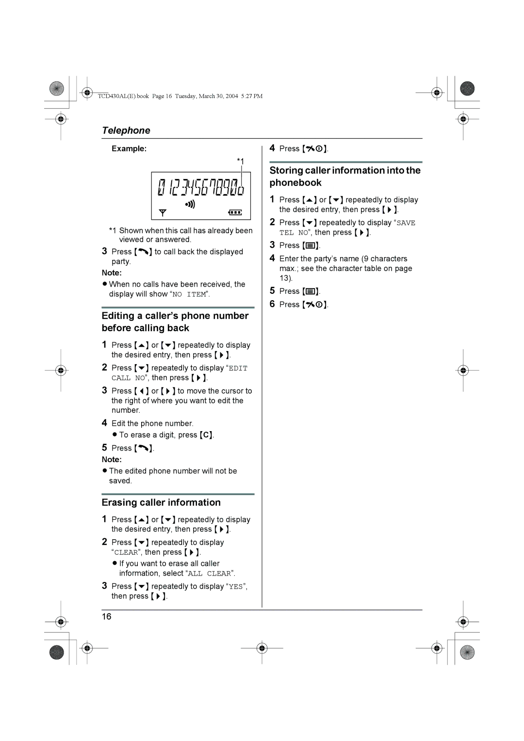 Panasonic KX-TCD430AL Editing a caller’s phone number before calling back, Erasing caller information, Example 