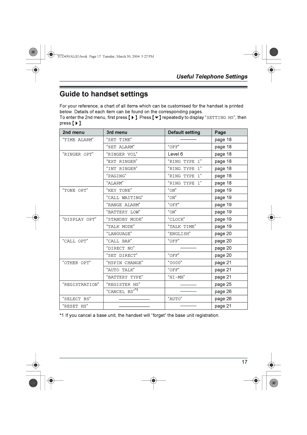 Panasonic KX-TCD430AL operating instructions Guide to handset settings, 2nd menu 3rd menu Default setting 