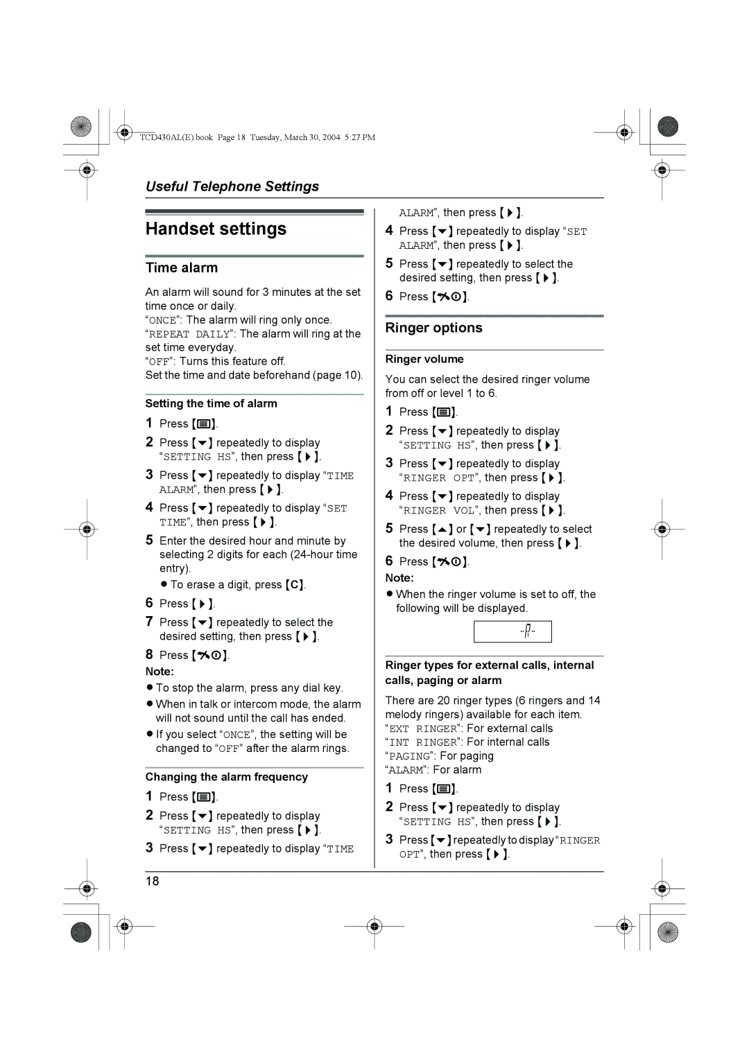 Panasonic KX-TCD430AL operating instructions Handset settings, Time alarm, Ringer options 
