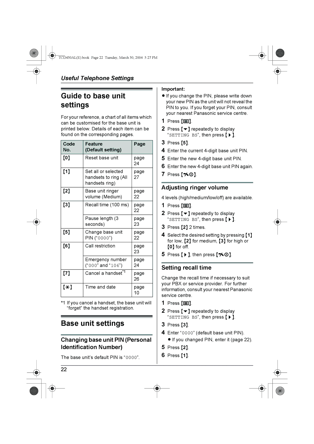 Panasonic KX-TCD430AL Guide to base unit settings, Base unit settings, Adjusting ringer volume, Setting recall time 