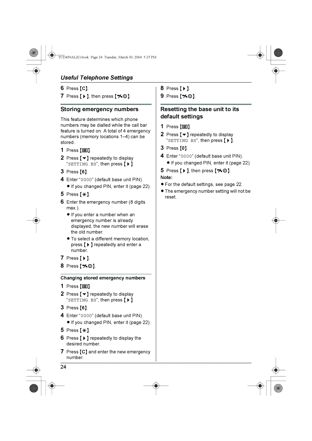 Panasonic KX-TCD430AL operating instructions Resetting the base unit to its default settings 