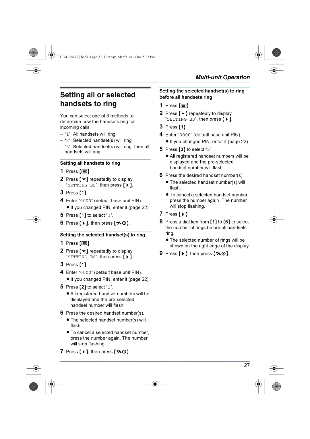 Panasonic KX-TCD430AL operating instructions Setting all handsets to ring, Setting the selected handsets to ring 