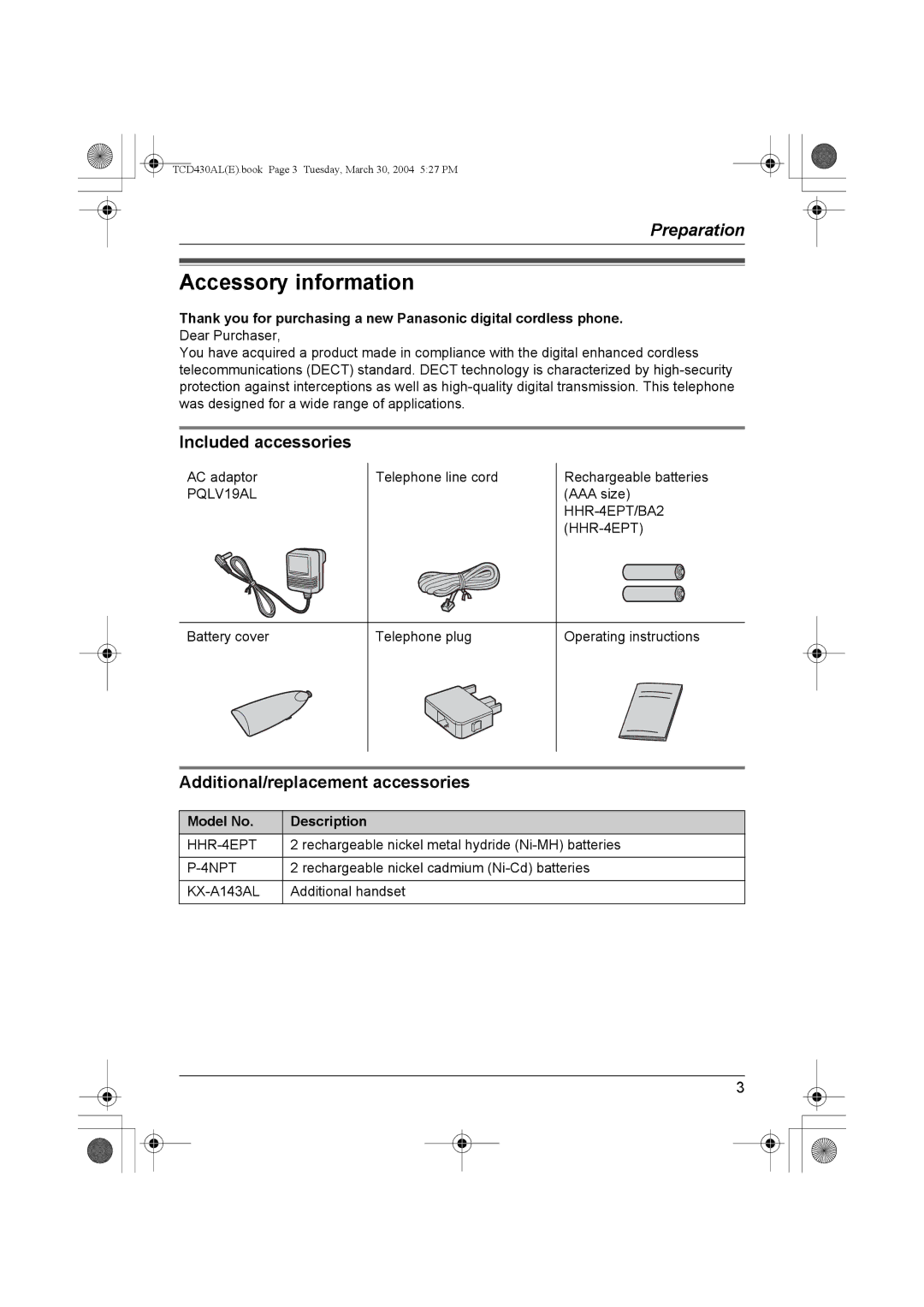 Panasonic KX-TCD430AL Accessory information, Included accessories, Additional/replacement accessories 