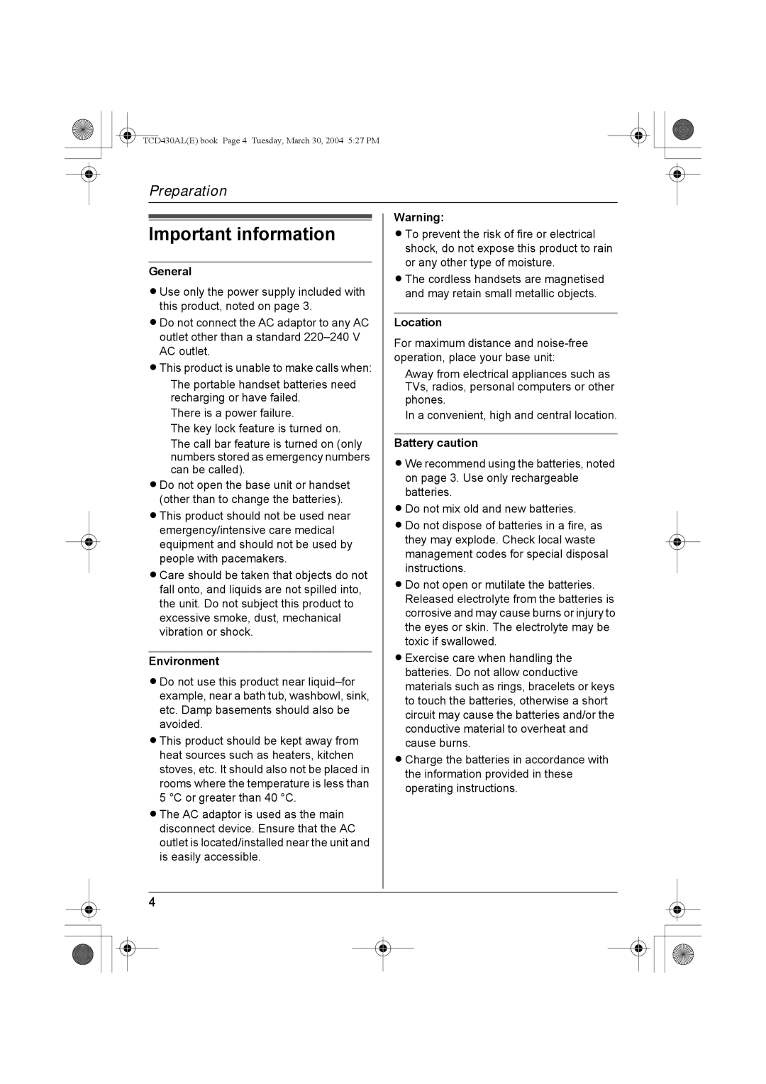 Panasonic KX-TCD430AL operating instructions Important information, General, Environment, Location, Battery caution 