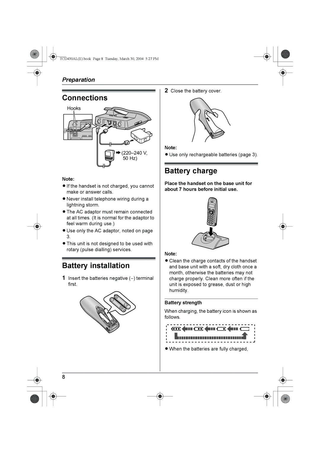 Panasonic KX-TCD430AL operating instructions Connections, Battery installation, Battery charge, Battery strength 