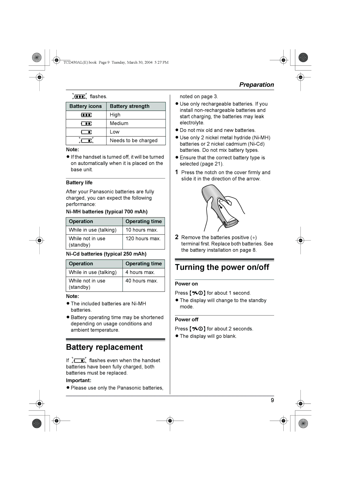 Panasonic KX-TCD430AL operating instructions Battery replacement, Turning the power on/off 