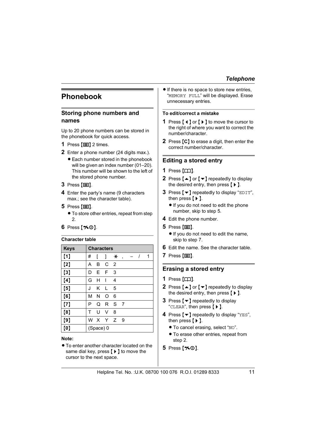 Panasonic KX-TCD430E Phonebook, Storing phone numbers and names, Editing a stored entry, Erasing a stored entry 