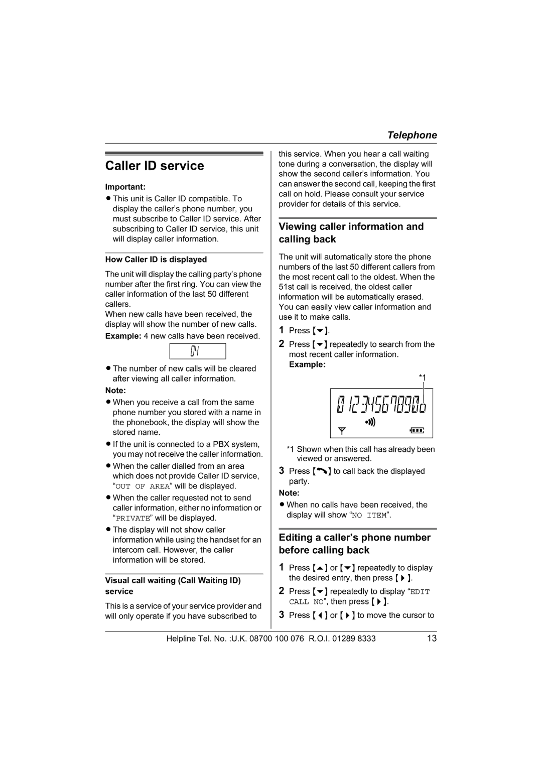 Panasonic KX-TCD430E operating instructions Caller ID service, Viewing caller information and calling back 