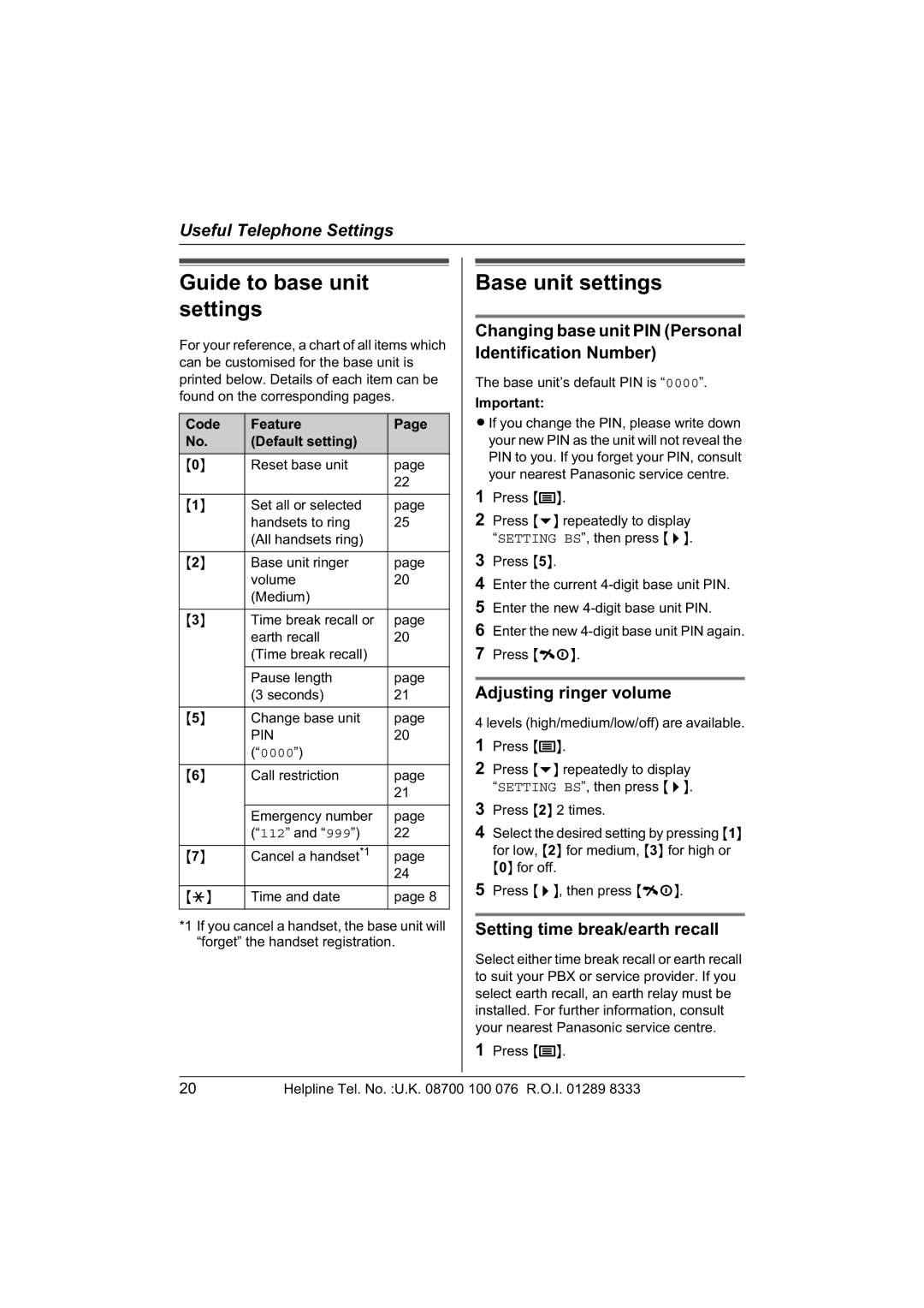 Panasonic KX-TCD430E operating instructions Guide to base unit settings, Base unit settings, Adjusting ringer volume 