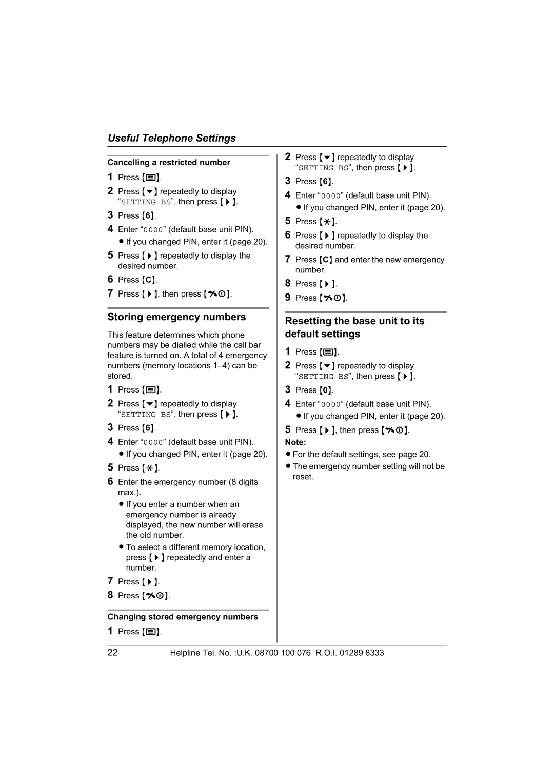 Panasonic KX-TCD430E operating instructions Storing emergency numbers, Resetting the base unit to its default settings 