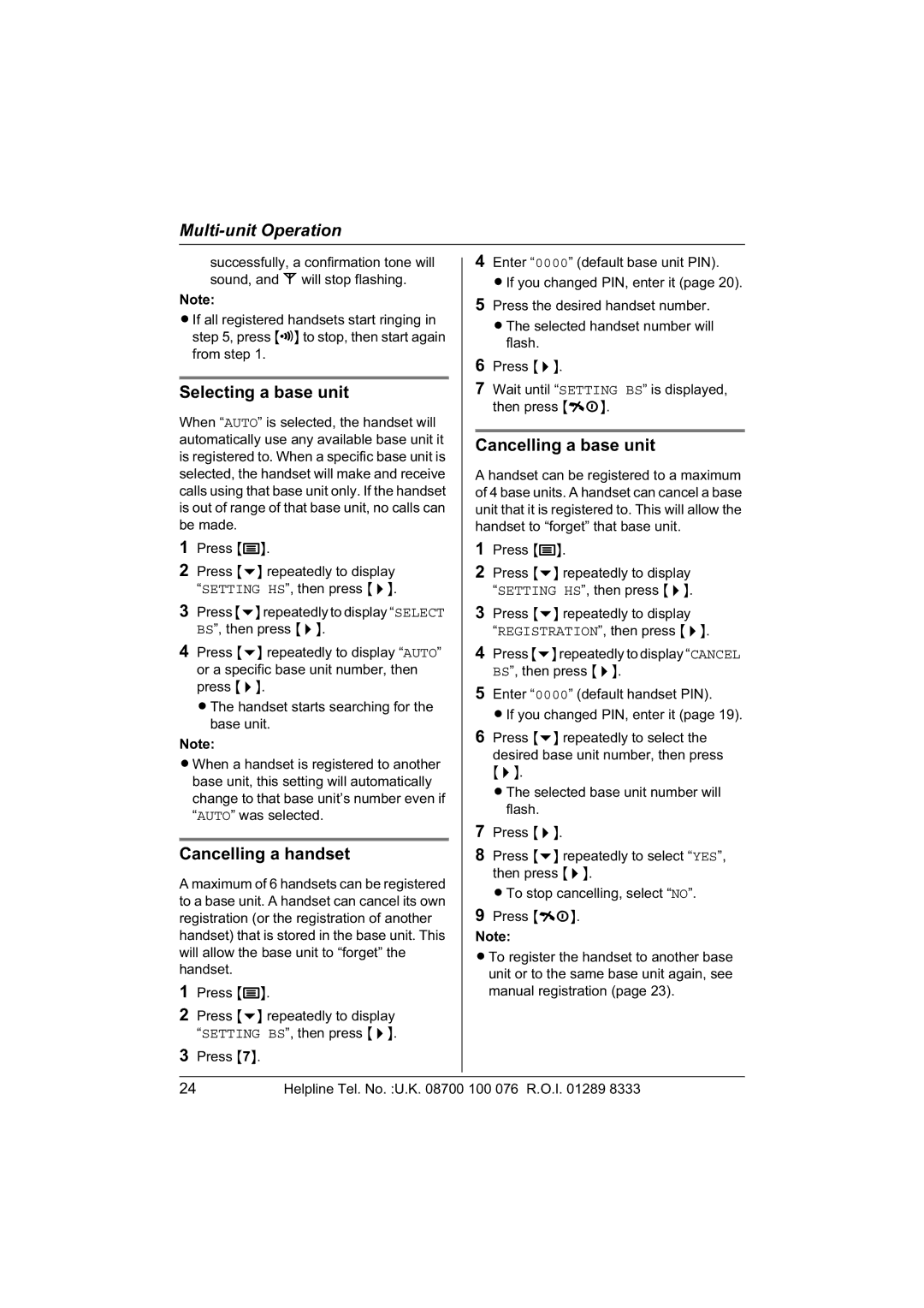 Panasonic KX-TCD430E operating instructions Selecting a base unit, Cancelling a handset, Cancelling a base unit 