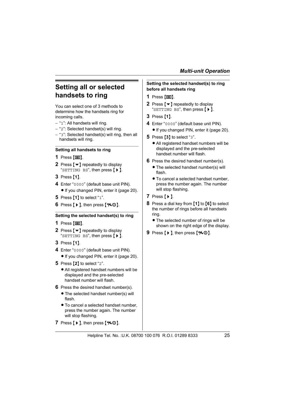 Panasonic KX-TCD430E operating instructions Setting all handsets to ring, Setting the selected handsets to ring 