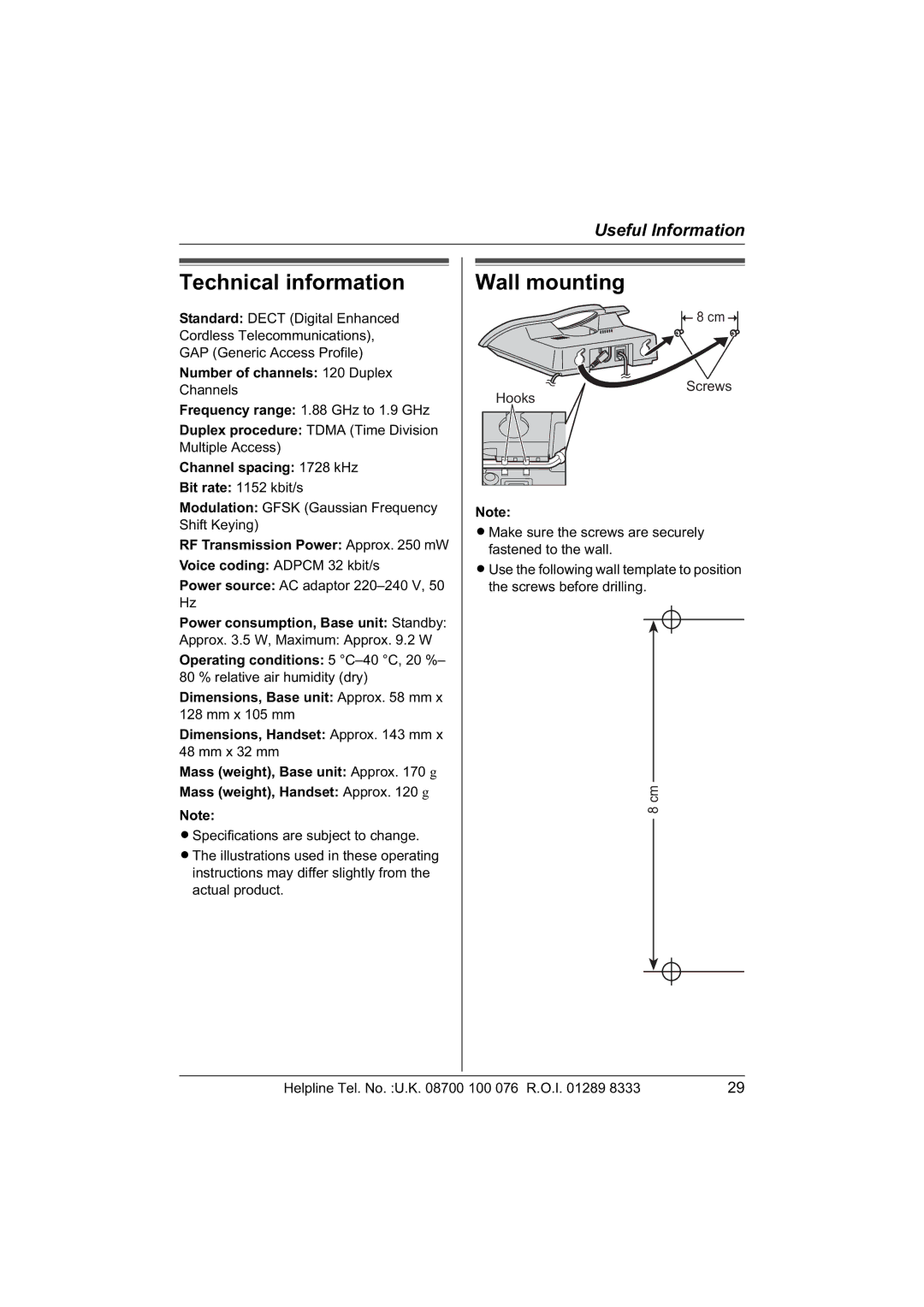 Panasonic KX-TCD430E operating instructions Technical information, Wall mounting 