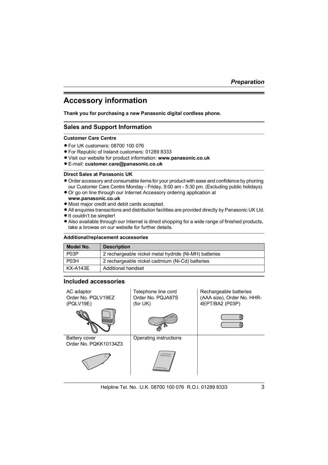 Panasonic KX-TCD430E Accessory information, Sales and Support Information, Included accessories, Customer Care Centre 