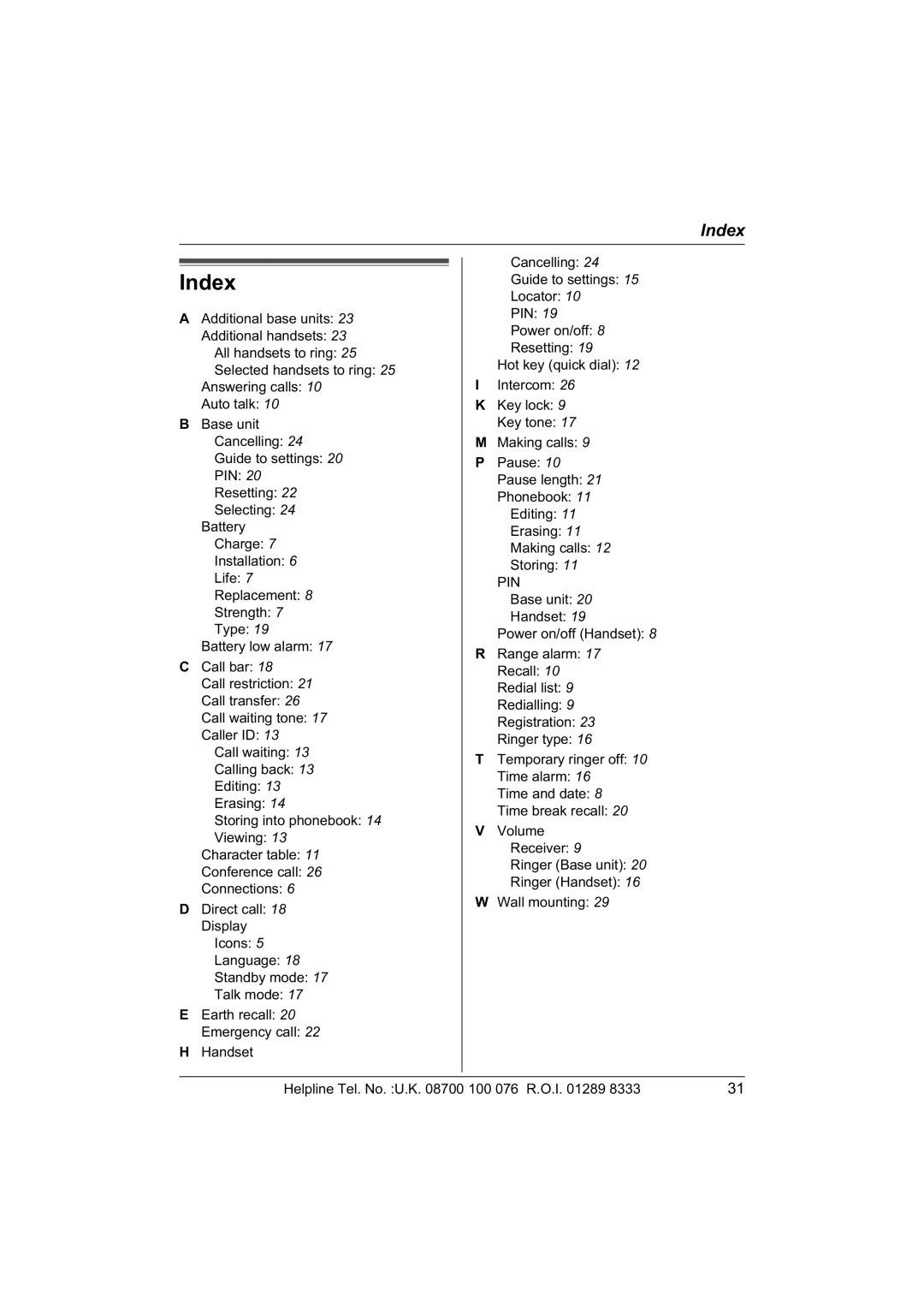 Panasonic KX-TCD430E operating instructions Index 