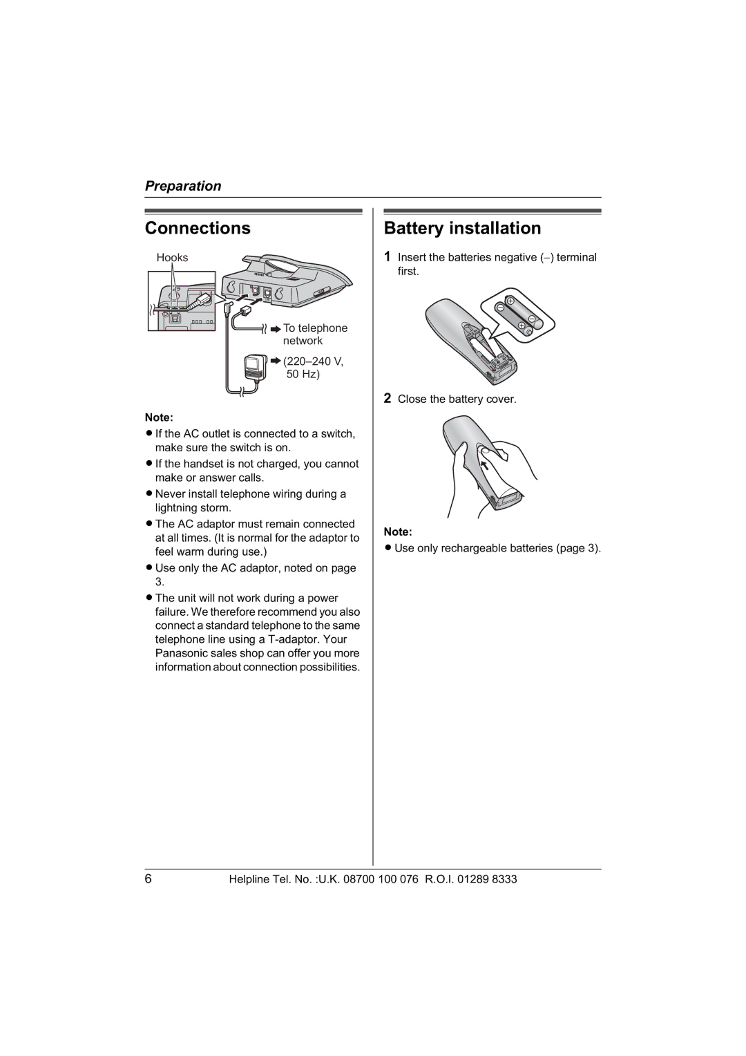 Panasonic KX-TCD430E operating instructions Connections, Battery installation 