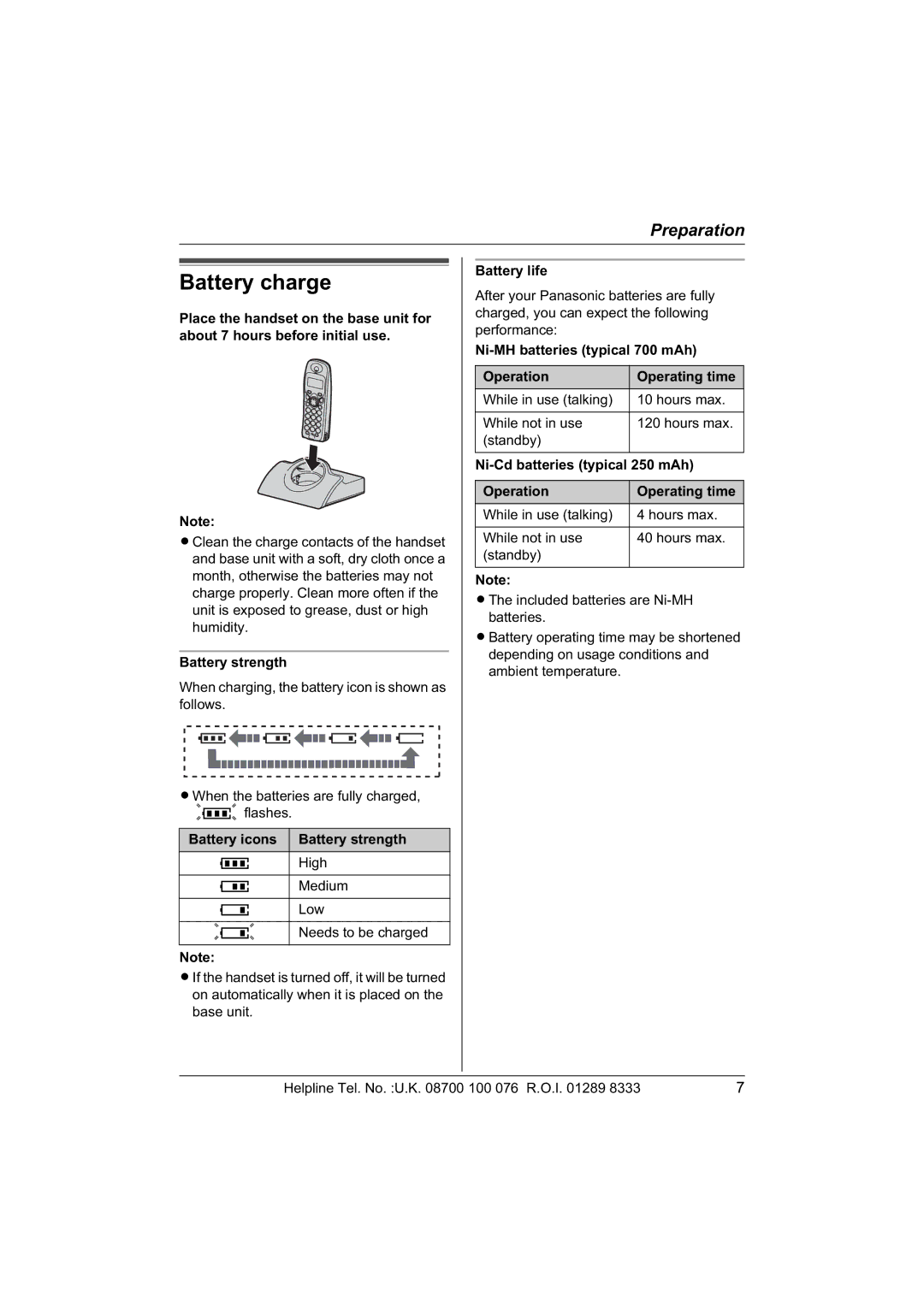 Panasonic KX-TCD430E operating instructions Battery charge 