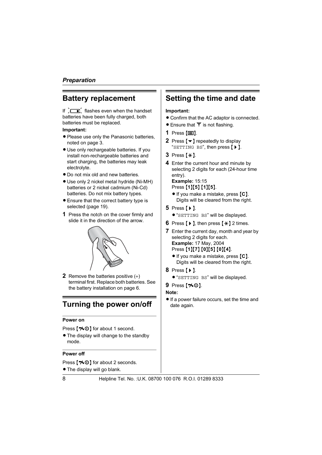 Panasonic KX-TCD430E operating instructions Battery replacement, Turning the power on/off, Setting the time and date 