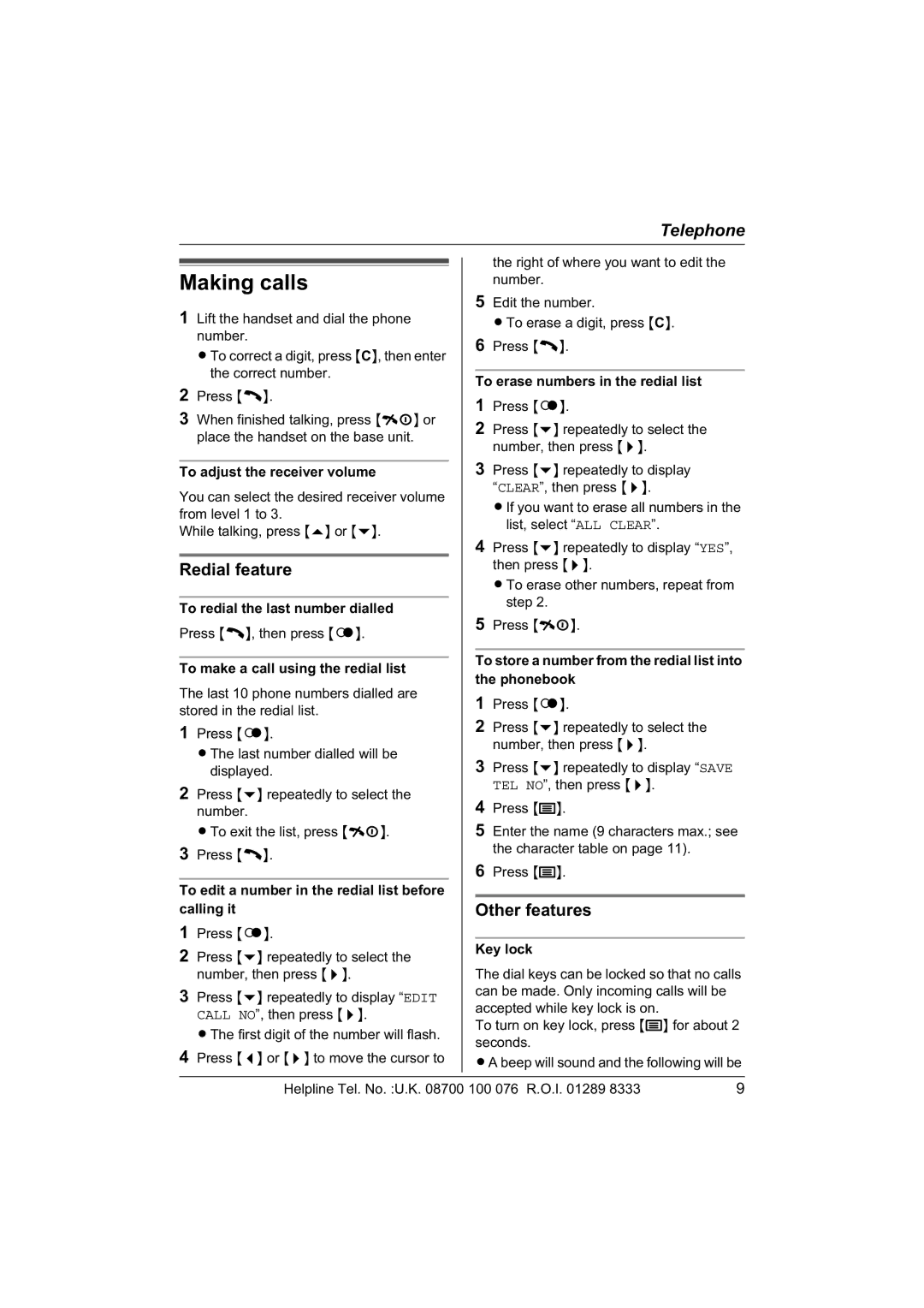 Panasonic KX-TCD430E operating instructions Making calls, Redial feature, Other features 