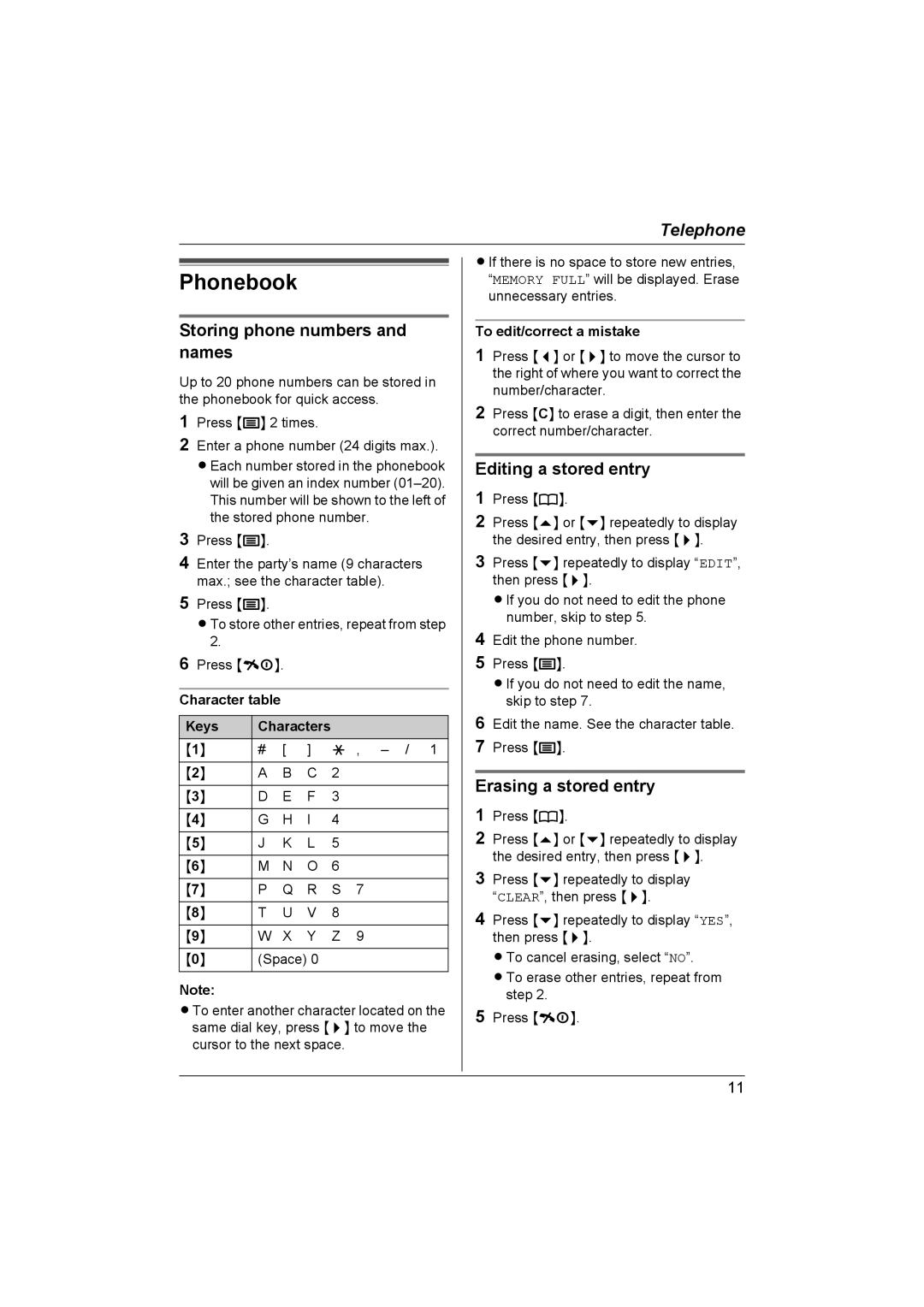 Panasonic KX-TCD430NZ Editing a stored entry, Erasing a stored entry, Keys, To edit/correct a mistake 