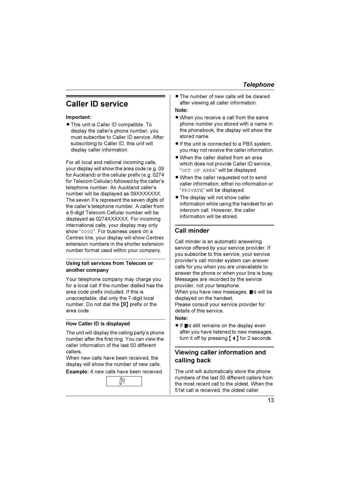 Panasonic KX-TCD430NZ operating instructions Caller ID service, Call minder, Viewing caller information and calling back 