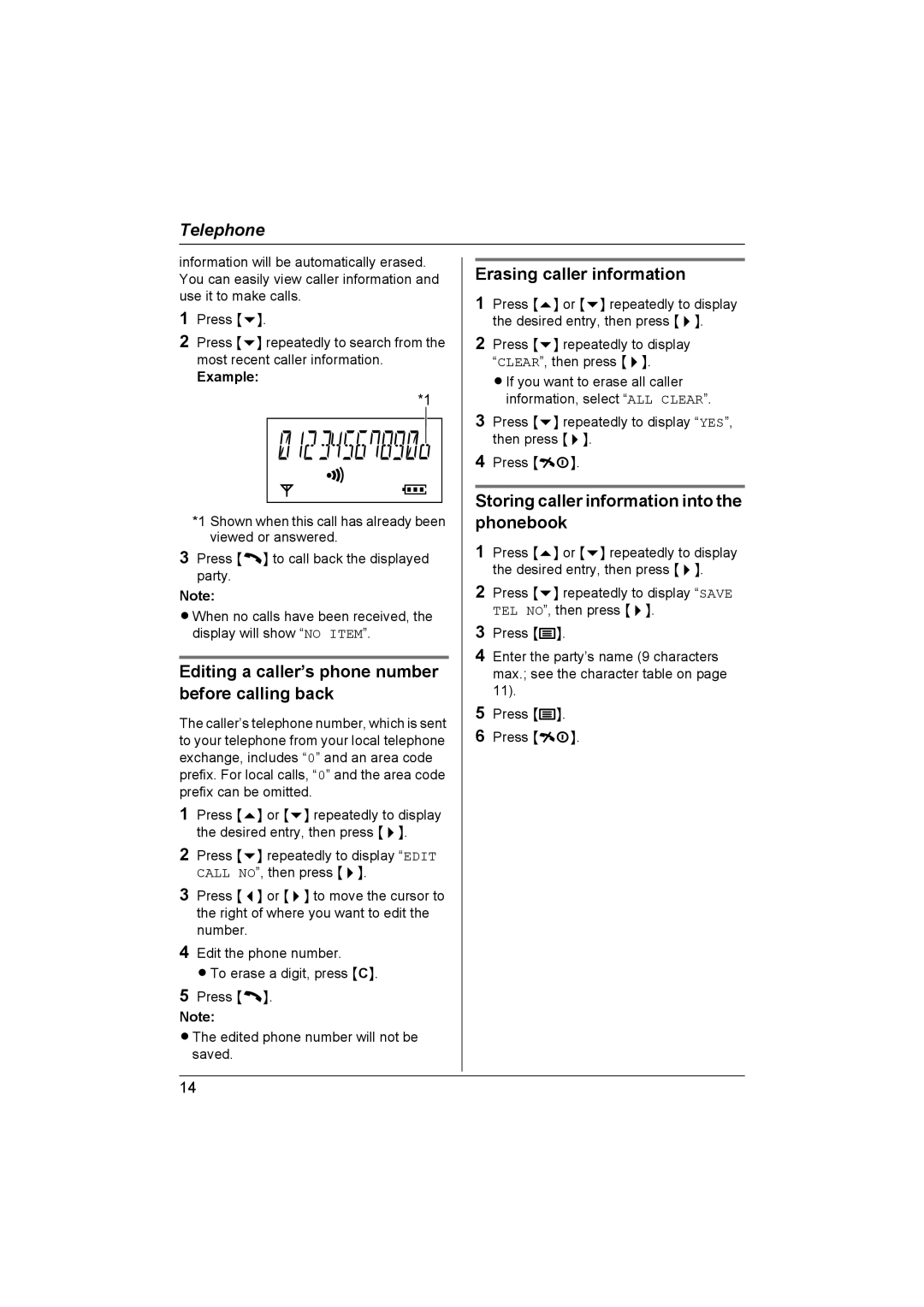 Panasonic KX-TCD430NZ Editing a caller’s phone number before calling back, Erasing caller information, Example 