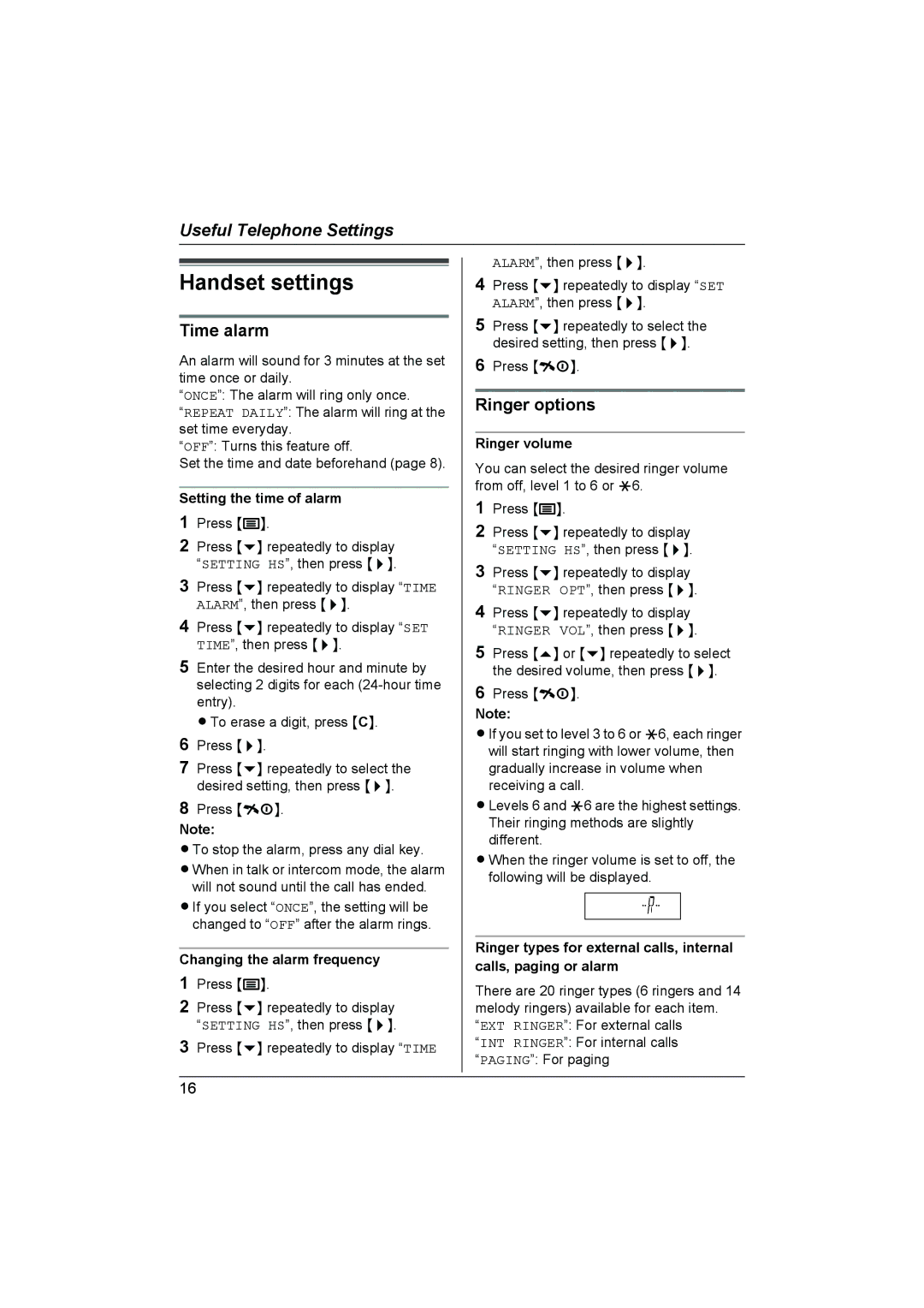 Panasonic KX-TCD430NZ operating instructions Handset settings, Time alarm, Ringer options 